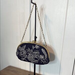 Unique Floral Embroidered Navy Clutch with chain shoulder strap